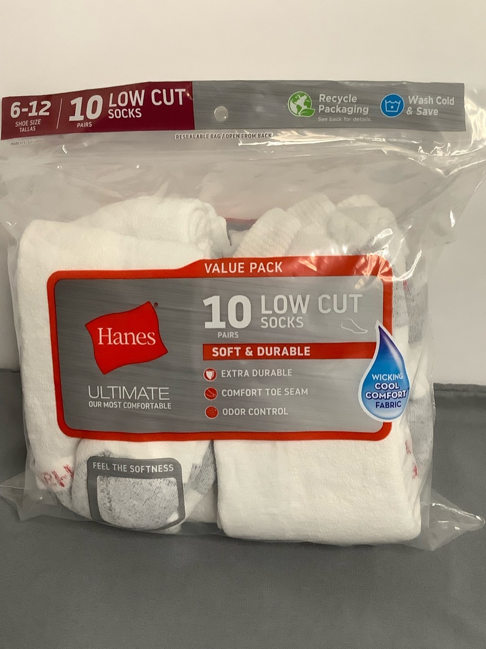 Hanes-Men's-White & Gray Low Cut Athletic Socks, 10 Pairs -Shoe Size 6-12